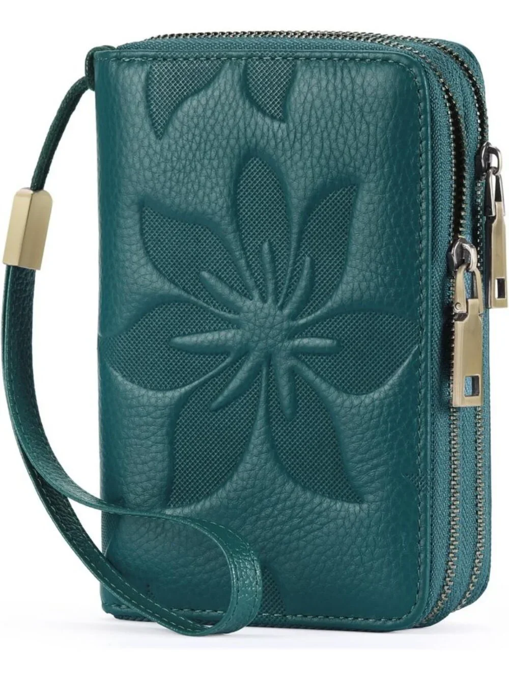 Stylish RFID Blocking Double Zip Wallet | Medium Leather Wristlet Purse in Teal